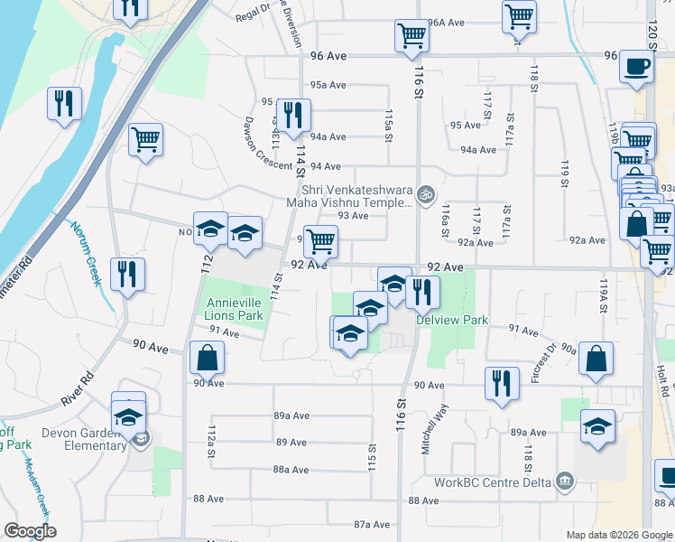 map of restaurants, bars, coffee shops, grocery stores, and more near 11460 92 Avenue in Delta