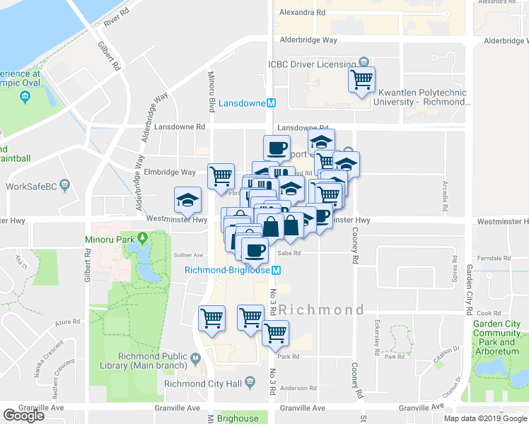 map of restaurants, bars, coffee shops, grocery stores, and more near 7995 Westminster Highway in Richmond