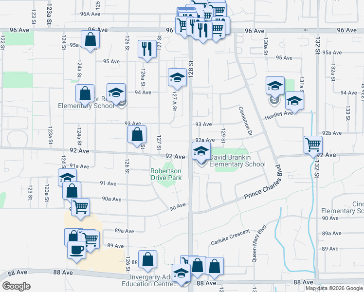 map of restaurants, bars, coffee shops, grocery stores, and more near 12776 Campbell Place in Surrey