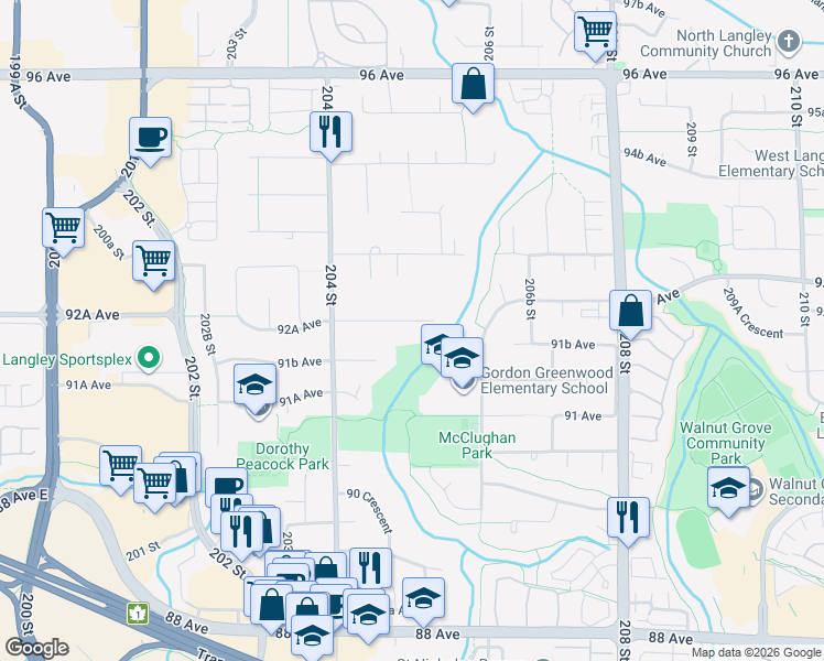 map of restaurants, bars, coffee shops, grocery stores, and more near 20508 92A Avenue in Langley Township