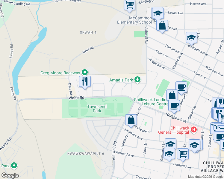 map of restaurants, bars, coffee shops, grocery stores, and more near 86-45185 Wolfe Road in Chilliwack