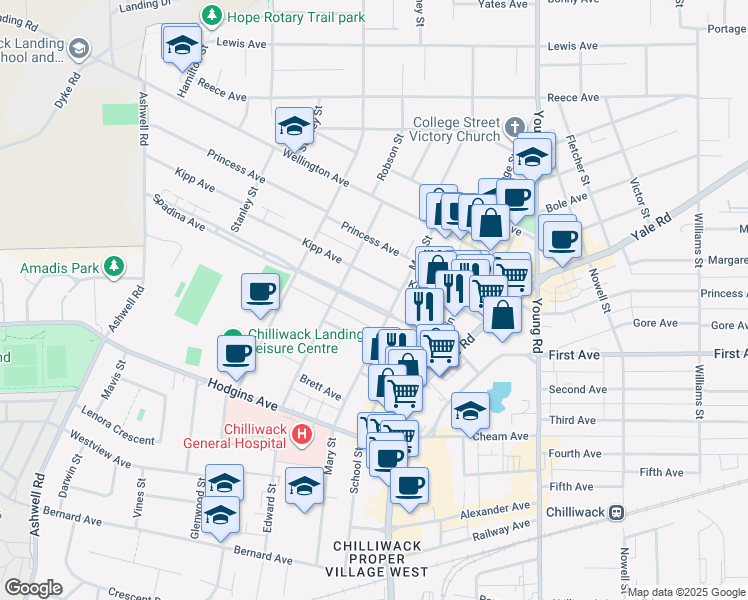 map of restaurants, bars, coffee shops, grocery stores, and more near 45703 Spadina Avenue in Chilliwack