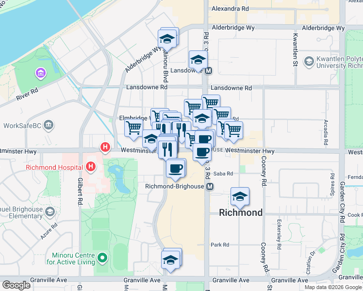 map of restaurants, bars, coffee shops, grocery stores, and more near 1608-7831 Westminster Highway in Richmond