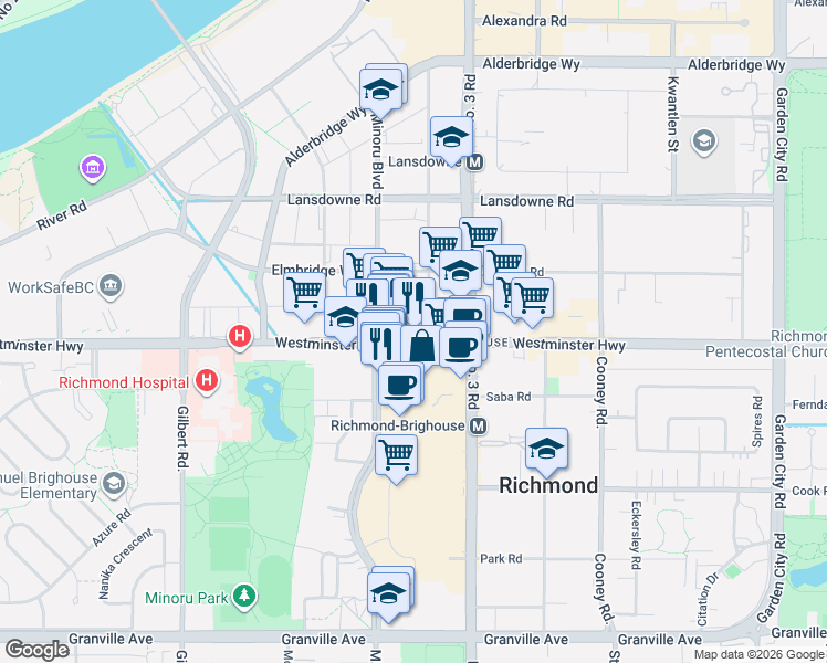 map of restaurants, bars, coffee shops, grocery stores, and more near 7831 Westminster Highway in Richmond