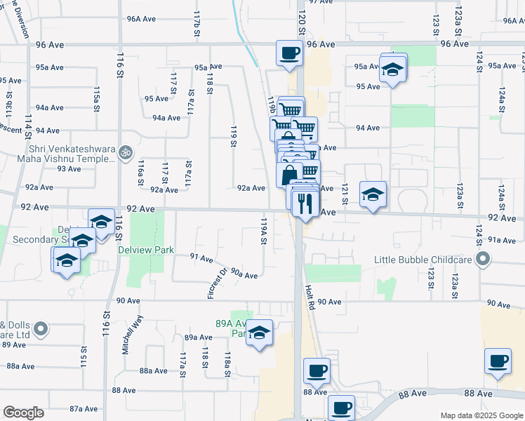 map of restaurants, bars, coffee shops, grocery stores, and more near 11923 92 Avenue in Delta
