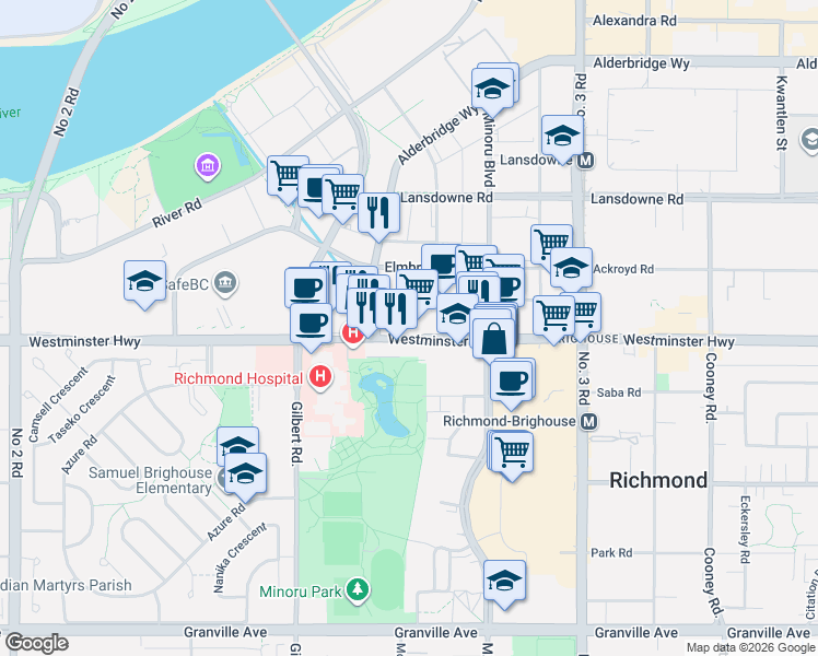 map of restaurants, bars, coffee shops, grocery stores, and more near 7373 Westminster Highway in Richmond