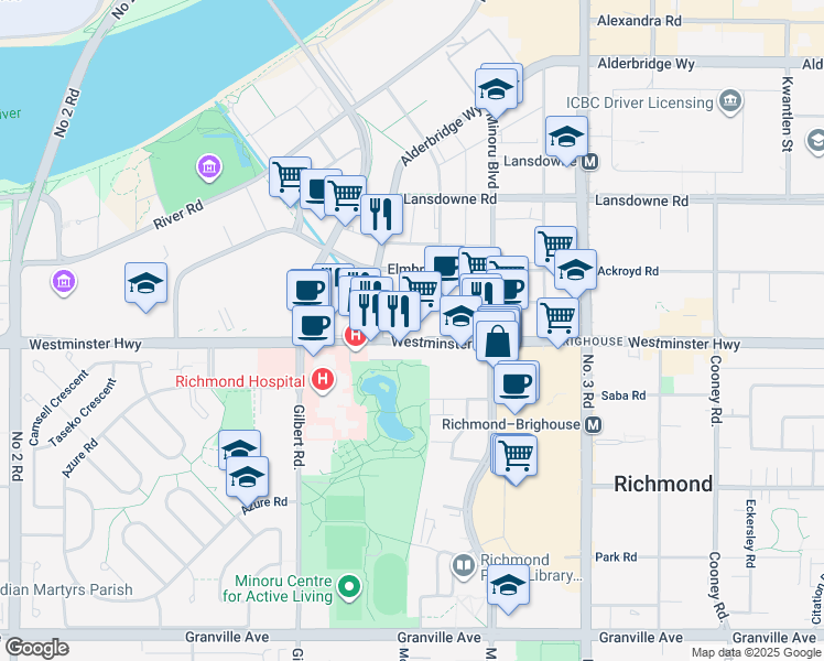 map of restaurants, bars, coffee shops, grocery stores, and more near 7373 Westminster Highway in Richmond