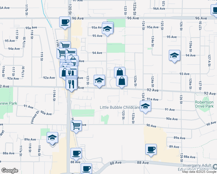 map of restaurants, bars, coffee shops, grocery stores, and more near 12233 92 Avenue in Surrey