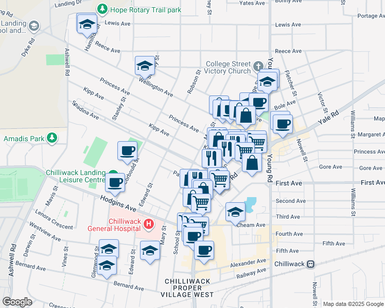 map of restaurants, bars, coffee shops, grocery stores, and more near in Chilliwack
