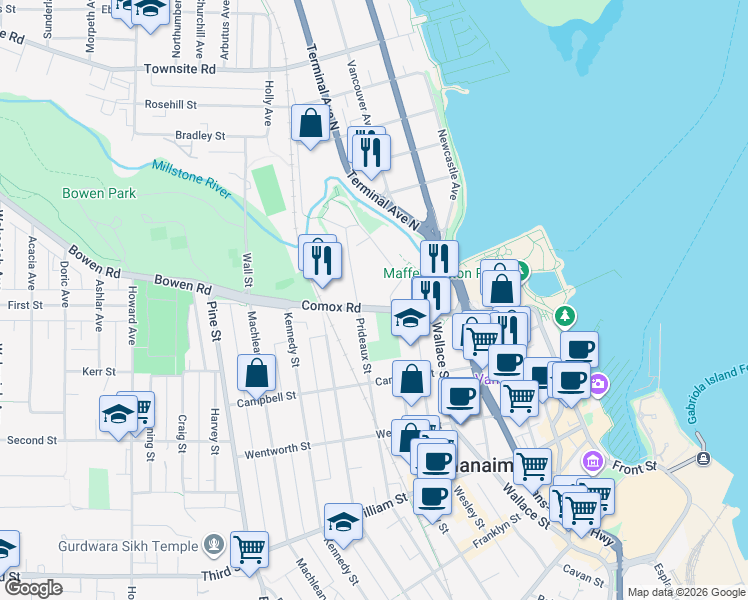 map of restaurants, bars, coffee shops, grocery stores, and more near 510 Comox Road in Nanaimo