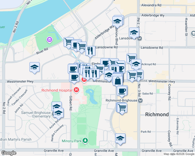 map of restaurants, bars, coffee shops, grocery stores, and more near 7373 Westminster Highway in Richmond