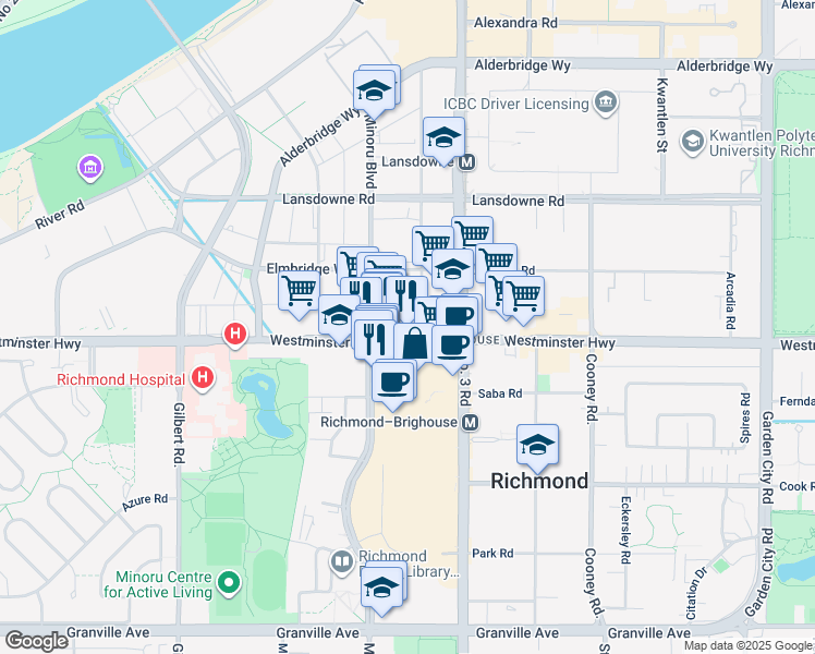 map of restaurants, bars, coffee shops, grocery stores, and more near 7831 Westminster Highway in Richmond