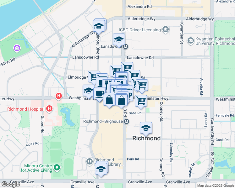 map of restaurants, bars, coffee shops, grocery stores, and more near 7995 Westminster Highway in Richmond