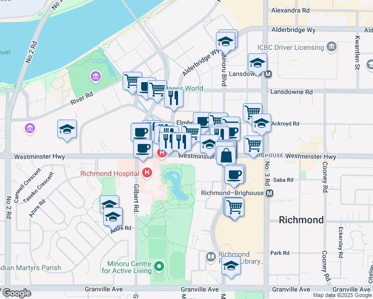map of restaurants, bars, coffee shops, grocery stores, and more near 7373 Westminster Highway in Richmond