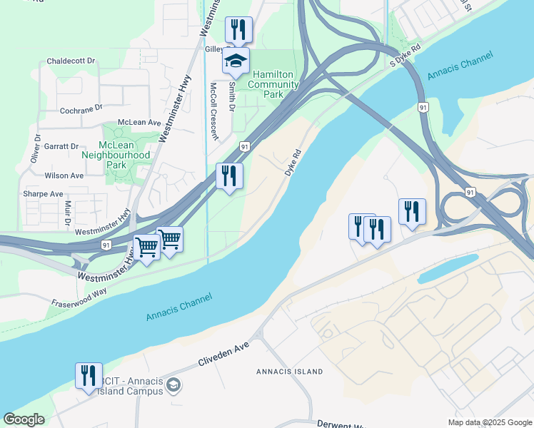 map of restaurants, bars, coffee shops, grocery stores, and more near 23226 Dyke Road in Richmond