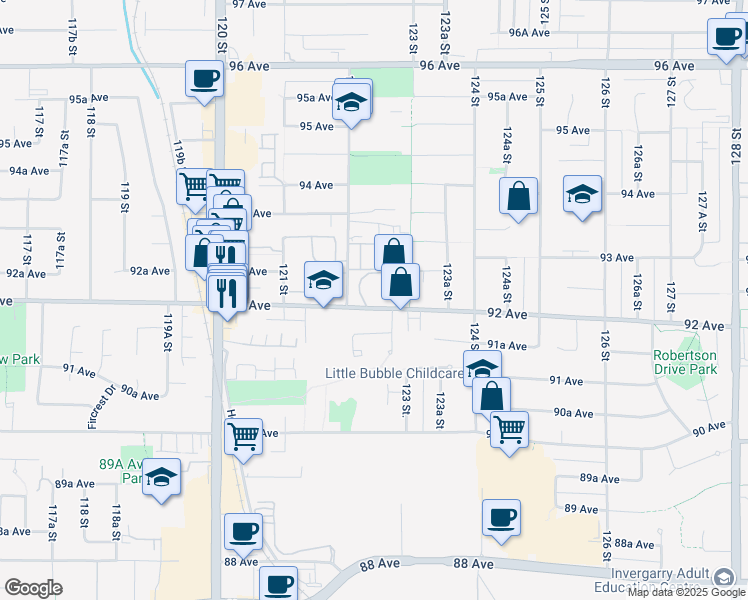 map of restaurants, bars, coffee shops, grocery stores, and more near 12247 92 Avenue in Surrey