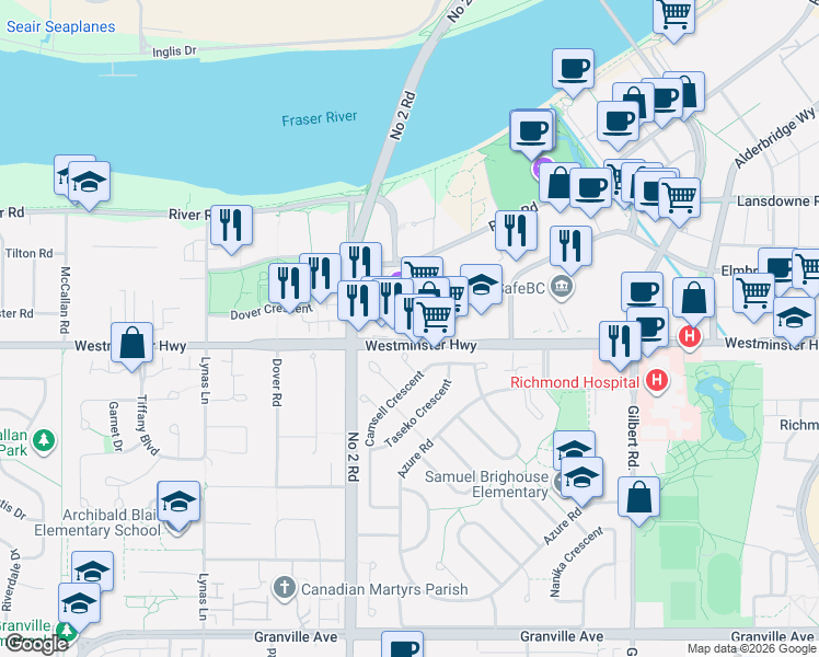 map of restaurants, bars, coffee shops, grocery stores, and more near 6151 Westminster Highway in Richmond