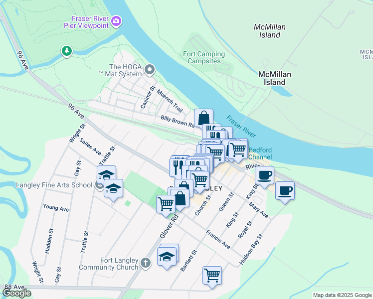 map of restaurants, bars, coffee shops, grocery stores, and more near 9235 McBride Street in Langley City