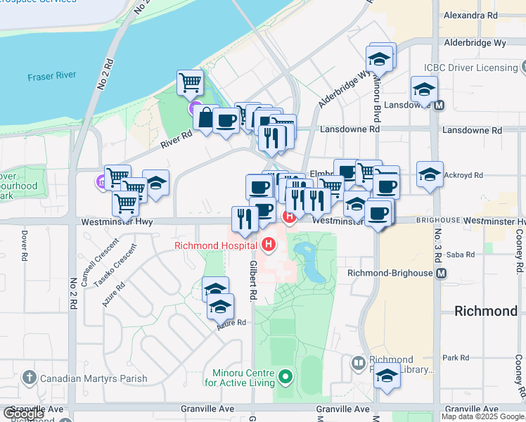 map of restaurants, bars, coffee shops, grocery stores, and more near 7031 Westminster Highway in Richmond