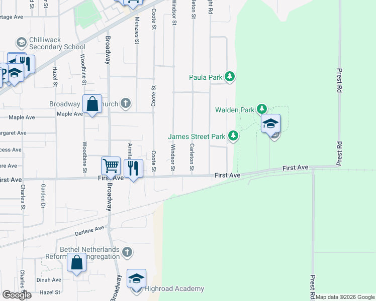 map of restaurants, bars, coffee shops, grocery stores, and more near 9269 Carleton Street in Chilliwack