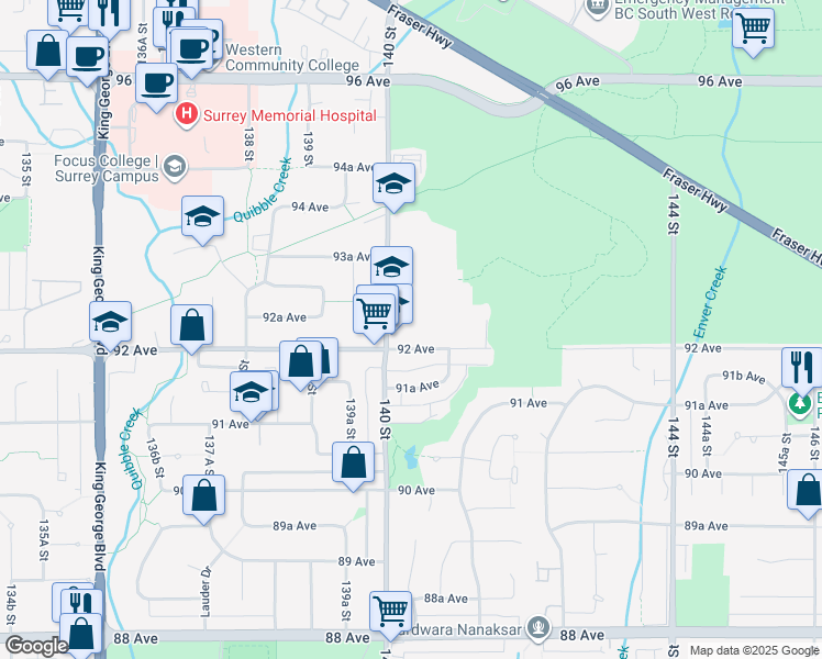 map of restaurants, bars, coffee shops, grocery stores, and more near 14033 92 Avenue in Surrey
