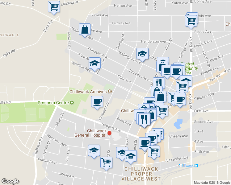 map of restaurants, bars, coffee shops, grocery stores, and more near 9280 Corbould Street in Chilliwack