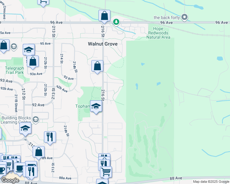 map of restaurants, bars, coffee shops, grocery stores, and more near 9188 216A Street in Langley