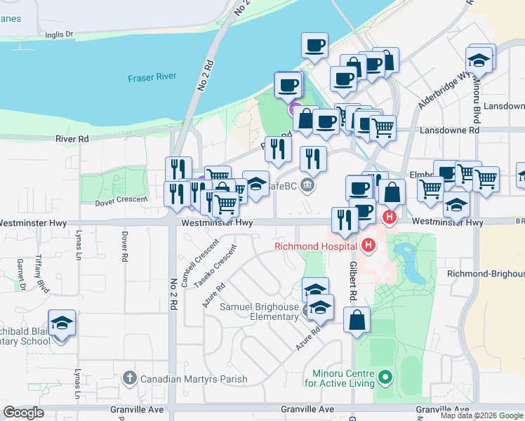 map of restaurants, bars, coffee shops, grocery stores, and more near 6851 Camsell Crescent in Richmond