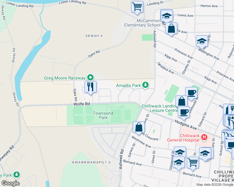 map of restaurants, bars, coffee shops, grocery stores, and more near 86-45185 Wolfe Road in Chilliwack
