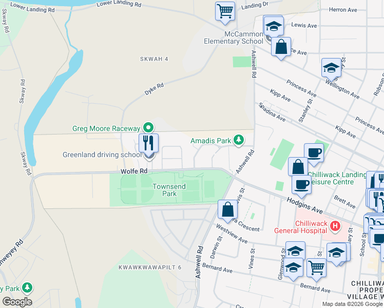 map of restaurants, bars, coffee shops, grocery stores, and more near 45185 Wolfe Road in Chilliwack