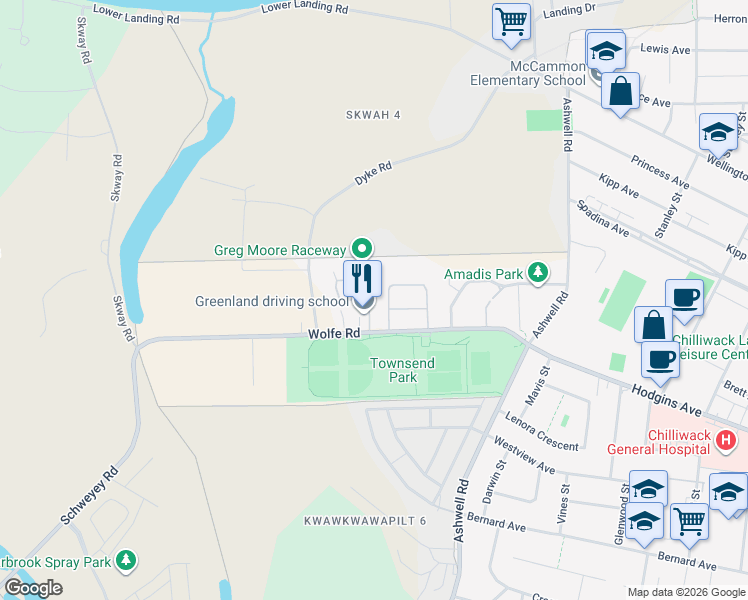 map of restaurants, bars, coffee shops, grocery stores, and more near 45025 Wolfe Road in Chilliwack