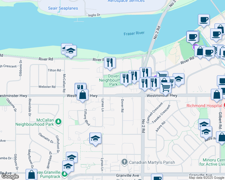 map of restaurants, bars, coffee shops, grocery stores, and more near 5700 Dover Crescent in Richmond