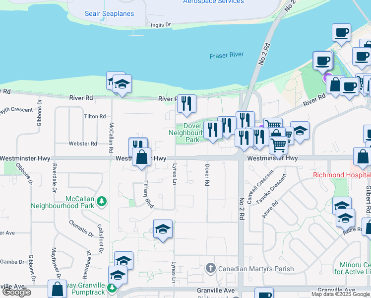 map of restaurants, bars, coffee shops, grocery stores, and more near 5600 Dover Crescent in Richmond