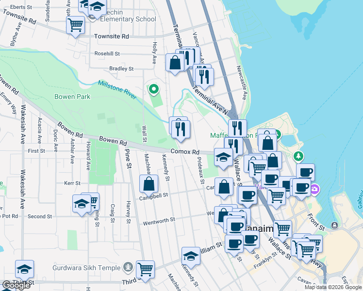 map of restaurants, bars, coffee shops, grocery stores, and more near 690 Comox Road in Nanaimo