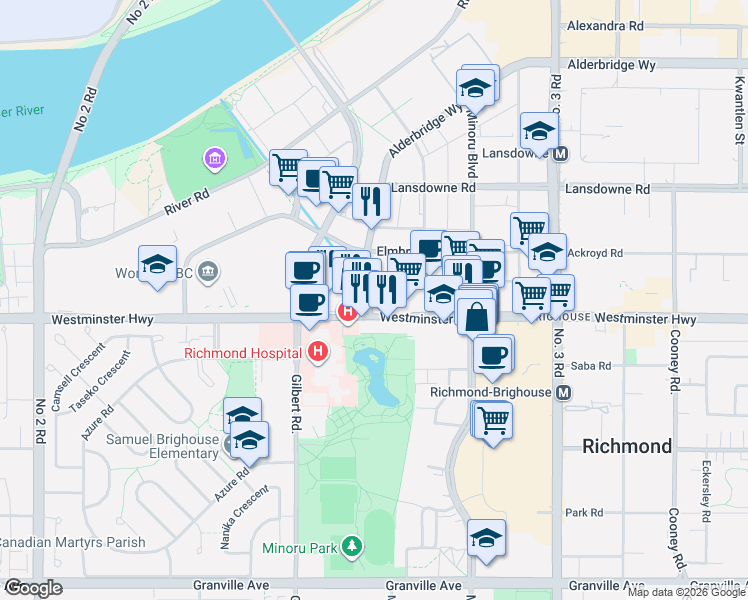 map of restaurants, bars, coffee shops, grocery stores, and more near 7371 Westminster Highway in Richmond