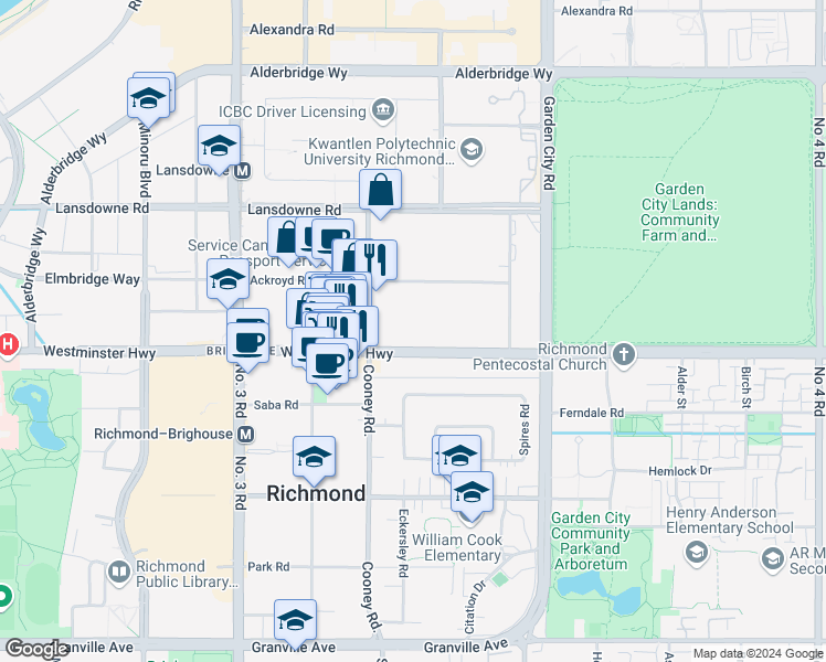 map of restaurants, bars, coffee shops, grocery stores, and more near in Richmond