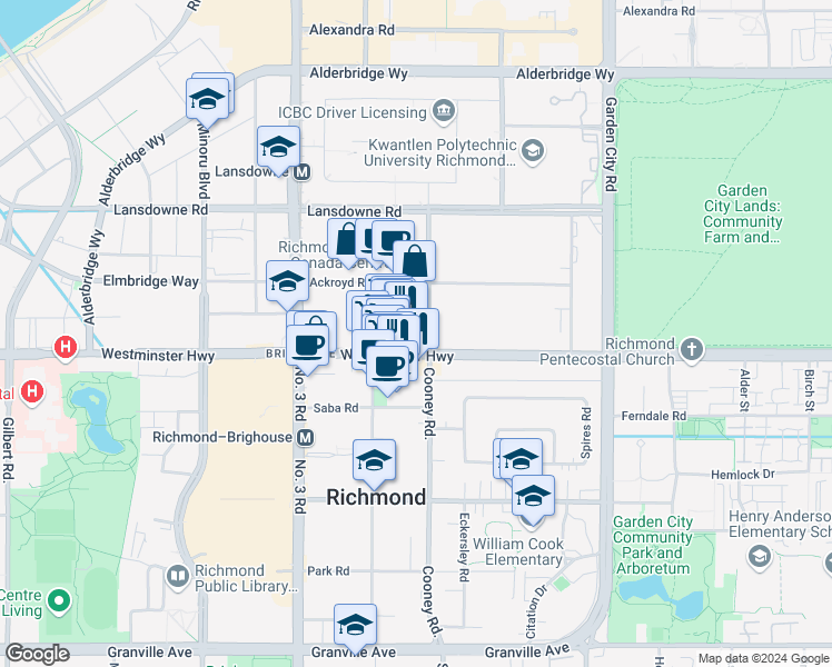 map of restaurants, bars, coffee shops, grocery stores, and more near in Richmond