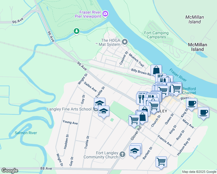 map of restaurants, bars, coffee shops, grocery stores, and more near 22926 96 Avenue in Langley Township