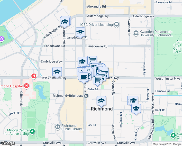 map of restaurants, bars, coffee shops, grocery stores, and more near 8081 Westminster Highway in Richmond