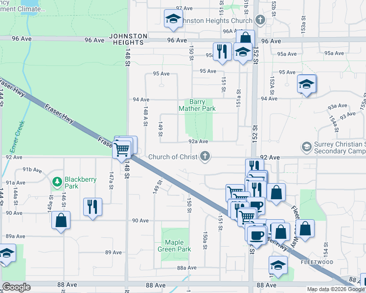 map of restaurants, bars, coffee shops, grocery stores, and more near 14974 92A Avenue in Surrey
