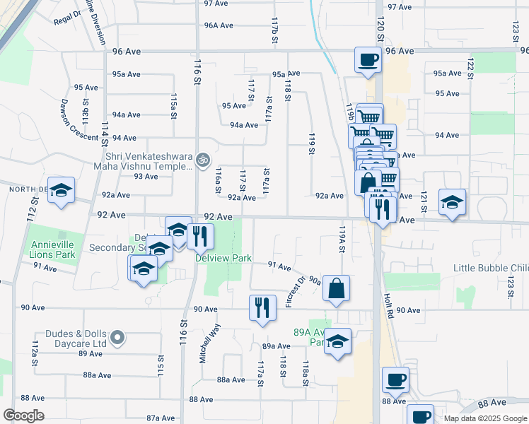 map of restaurants, bars, coffee shops, grocery stores, and more near 11761 92 Avenue in Delta