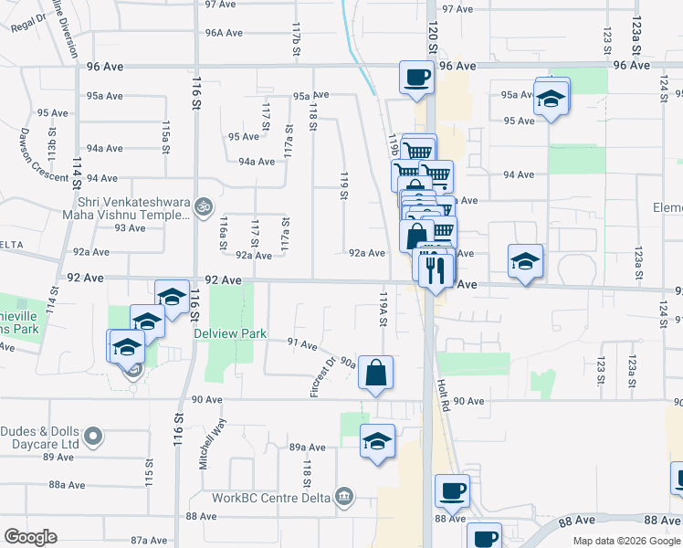 map of restaurants, bars, coffee shops, grocery stores, and more near 11859 92 Avenue in Delta