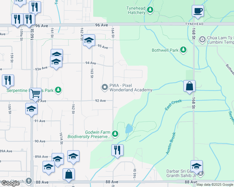 map of restaurants, bars, coffee shops, grocery stores, and more near 16416 92A Avenue in Surrey