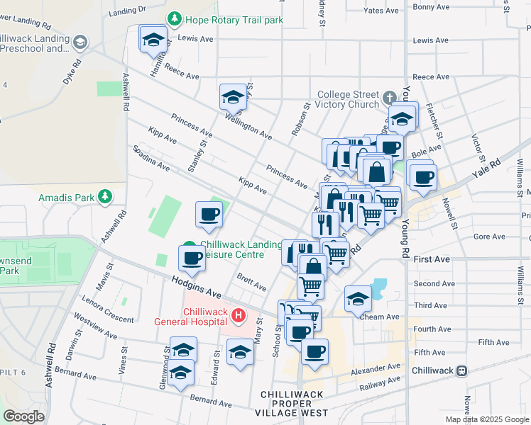 map of restaurants, bars, coffee shops, grocery stores, and more near Spadina Avenue in Chilliwack