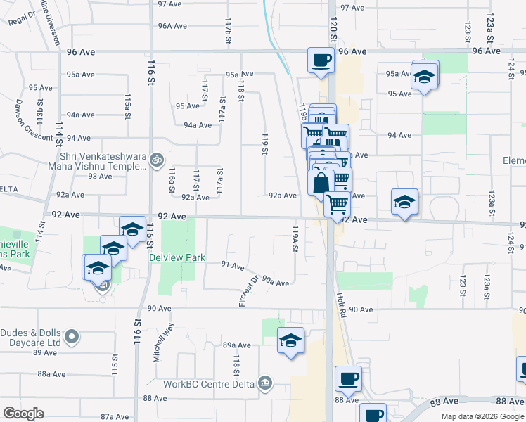 map of restaurants, bars, coffee shops, grocery stores, and more near 11859 92 Avenue in Delta