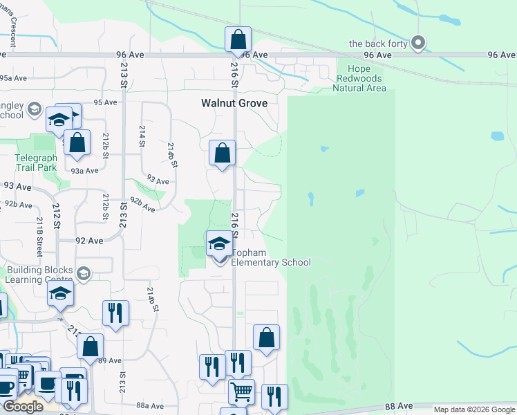 map of restaurants, bars, coffee shops, grocery stores, and more near 21657 92B Avenue in Langley