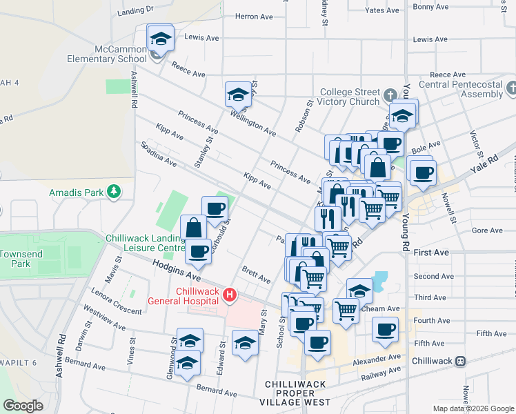 map of restaurants, bars, coffee shops, grocery stores, and more near 45630 Spadina Avenue in Chilliwack