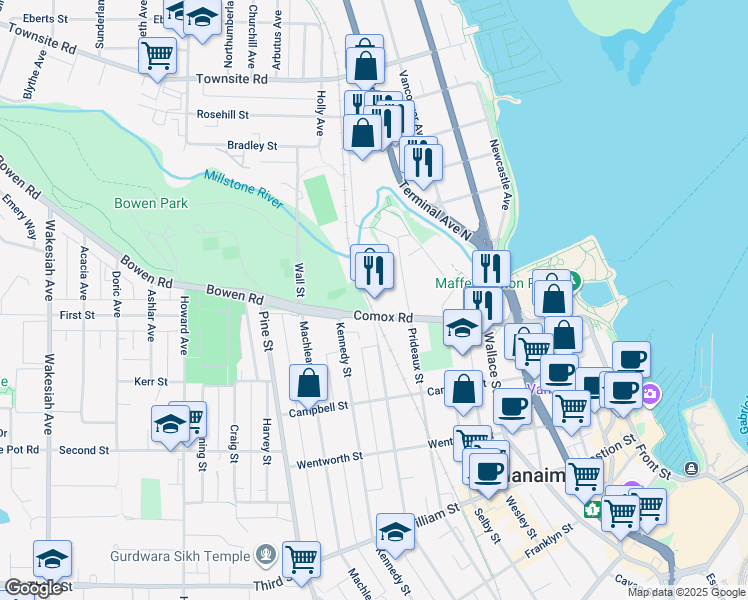 map of restaurants, bars, coffee shops, grocery stores, and more near 11 Prideaux Street in Nanaimo
