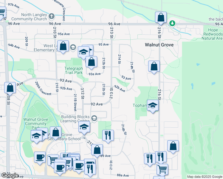 map of restaurants, bars, coffee shops, grocery stores, and more near 9262 213 Street in Langley