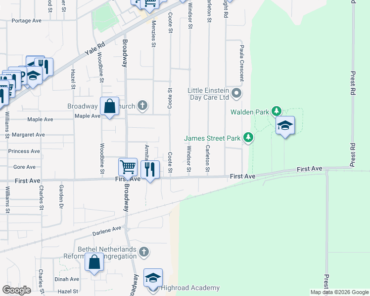 map of restaurants, bars, coffee shops, grocery stores, and more near 9275 Windsor Street in Chilliwack